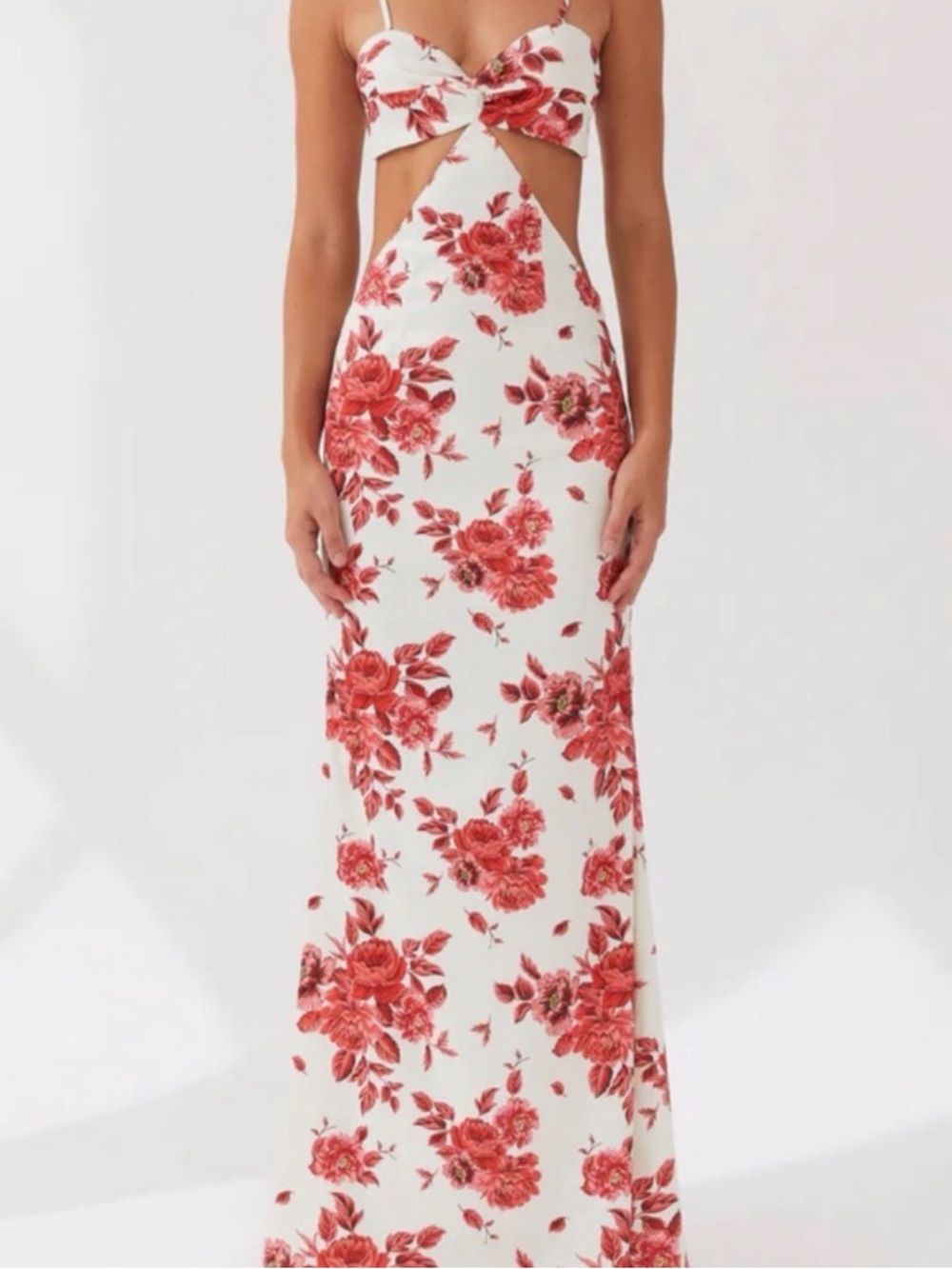 Peppermayo White Maxi Dress with Red Floral Print and Cutout